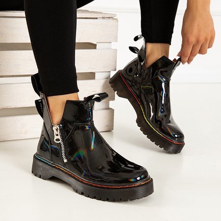 Black lacquered women's boots with a Odeta zipper - Footwear