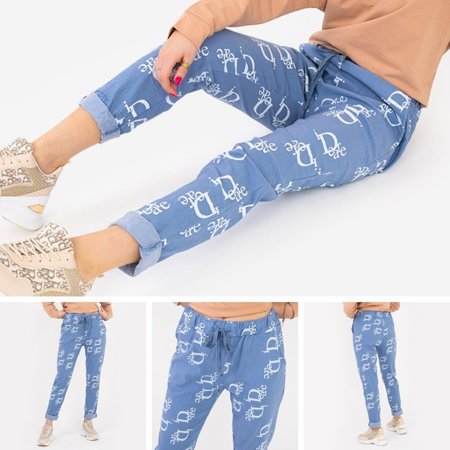 Blue women's fabric pants with lettering - Clothing