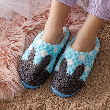 Blue women's slippers with Krystian's bunny - Footwear
