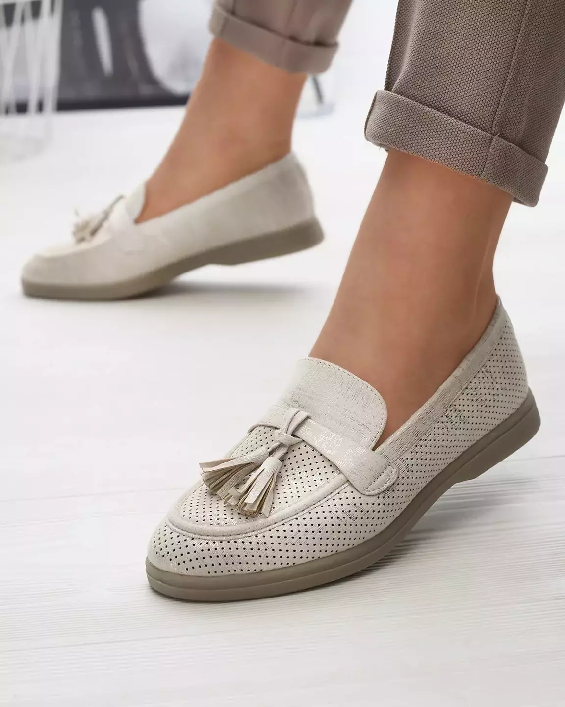 Cream women's moccasins with embellishment Parffes- Footwear