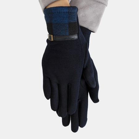 Dark blue women's gloves with a checkered insert - Accessories