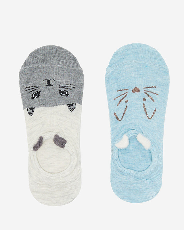 Gray - blue women's socks with print with 2 cats / pack - Underwear