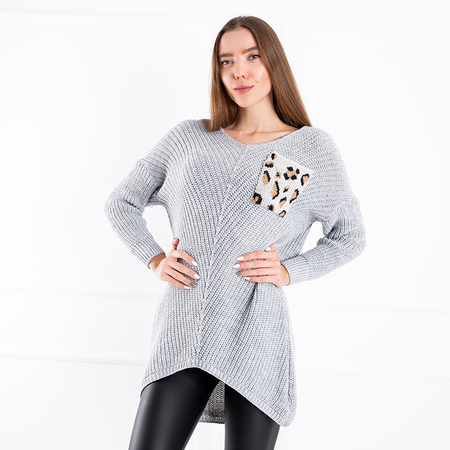 Gray women's oversize long sweater with patterned pocket - Clothing