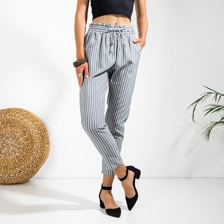 Gray women's trousers with a waist, striped paper bag - Clothing