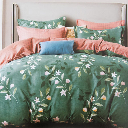 Green floral cotton bedding 160x200 set of 3-PART - Bedding