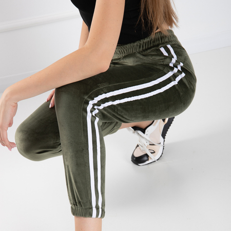 Green velor women's sweatpants with stripes - Clothing
