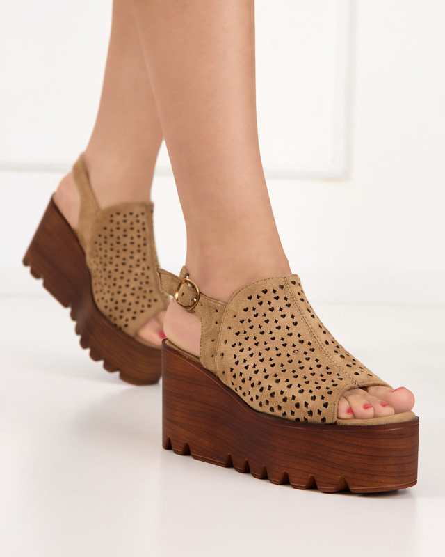 Light brown openwork women's wedge sandals Jomana - Footwear