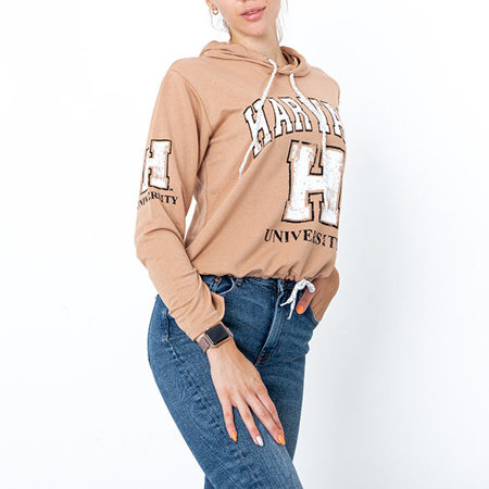 Light brown women's hooded sweatshirt with inscriptions - Clothing