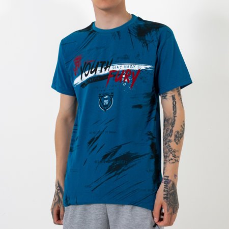 Men's dark blue cotton T-shirt with a print - Clothing