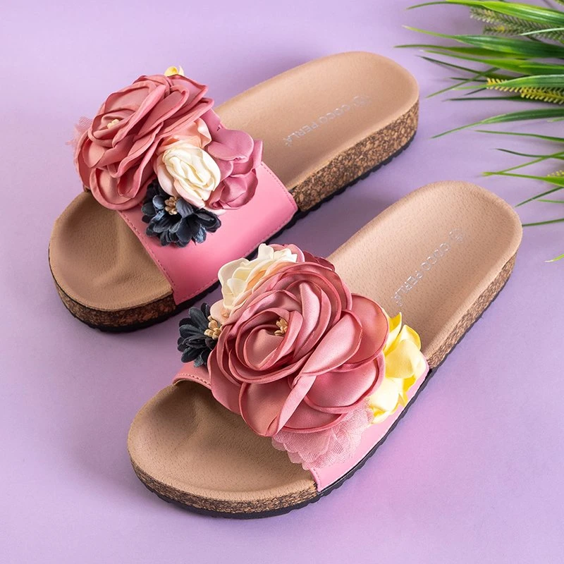OUTLET Pink women's flip-flops with flowers Florencia - Footwear