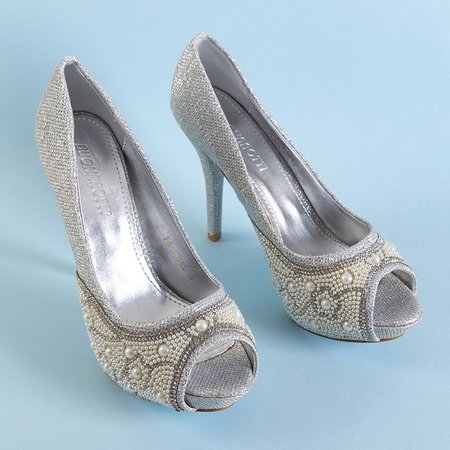 OUTLET Silver shiny women's high heels with cubic zirconia and pearls Mira - Footwear