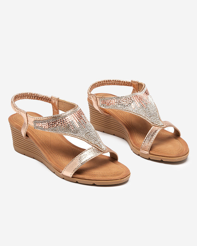 OUTLET Women's sandals with zircons on a wedge heel in pink and gold Serrifo- Shoes