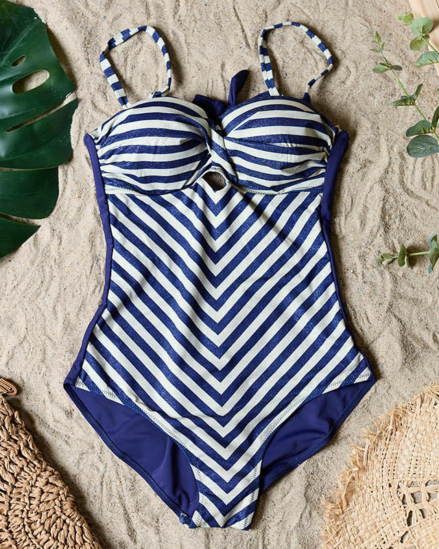 One-piece navy blue women's striped swimsuit - Underwear