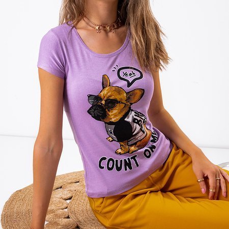 Purple women's t-shirt decorated with a doggy print - Clothing