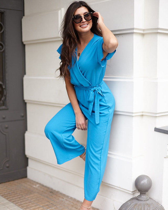Turquoise women's long jumpsuit with binding - Clothing
