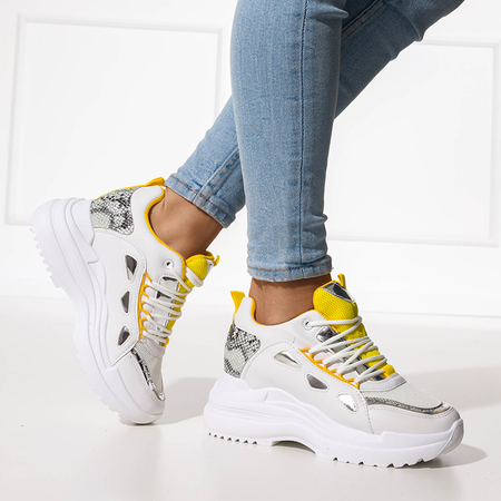 White women's sneakers with yellow elements on a thick sole Gisela - Footwear