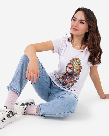 White women's t-shirt with colored print and sequins - Clothing