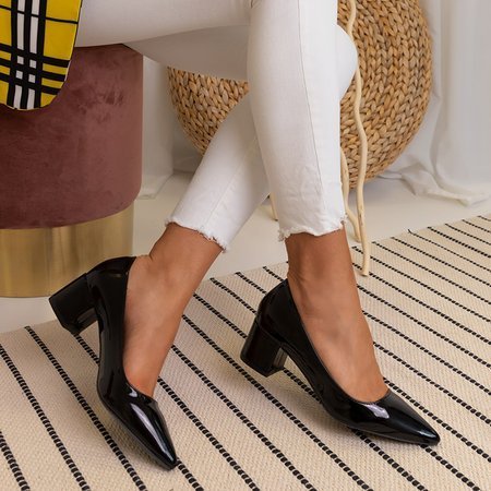 Women's black lacquered pumps on a low post by Gulnara - Footwear