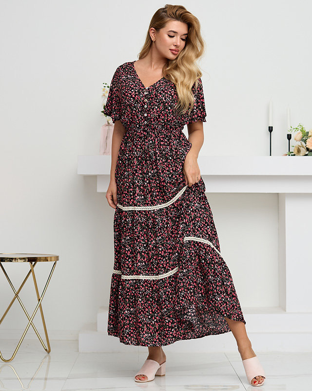 Women's black long summer dress with flowers - Clothing