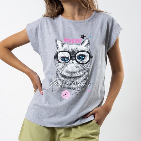 Women's gray cotton T-shirt with a print - Clothing