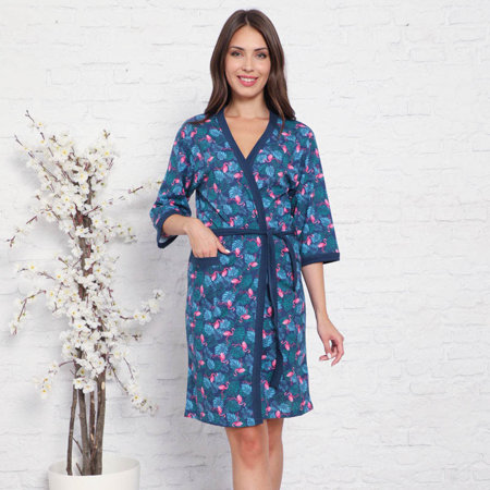 Women's navy blue dressing gown with flamingos - Clothing