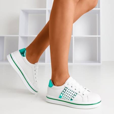 Women's white sneakers with a green Celovi trim - Footwear