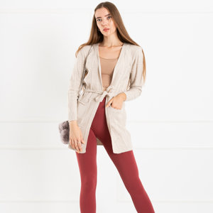 Beige Women's Tied Cardigan with Pockets - Clothing