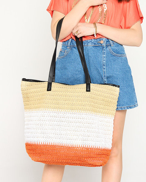 Beige and white straw beach bag for women with orange bottom - Accessories