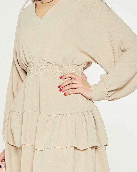 Beige short women's dress with frills - Clothing