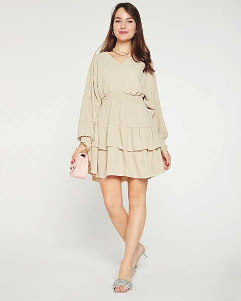 Beige short women's dress with frills - Clothing