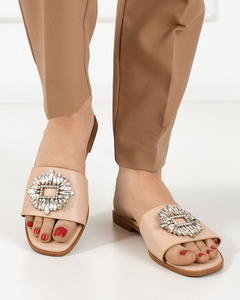 Beige women's slippers with a silver ornament - Footwear