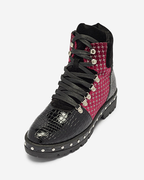 Black and burgundy boots for women with a silver pattern Oleff - Footwear