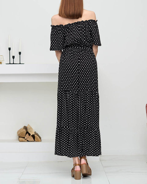 Black ladies midi dress with open back polka dots - Clothing