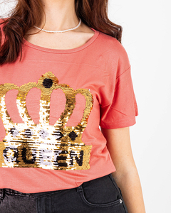 Coral women's t-shirt with crown and sequins - Clothing