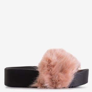 Dark pink women's platform flip-flops with fur Lorina - Footwear