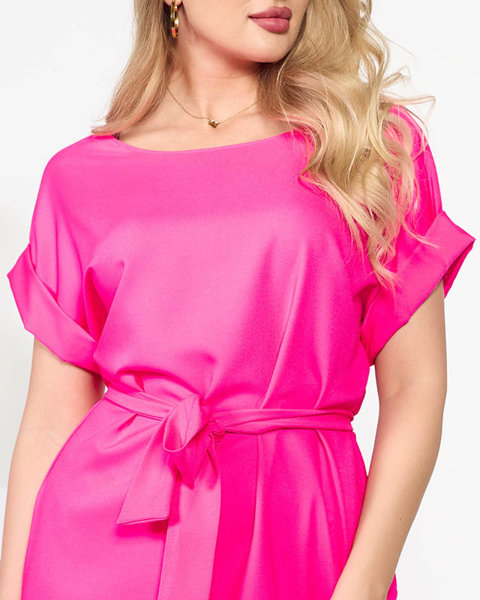 Fuchsia summer dress with a tie and short sleeves - Clothing