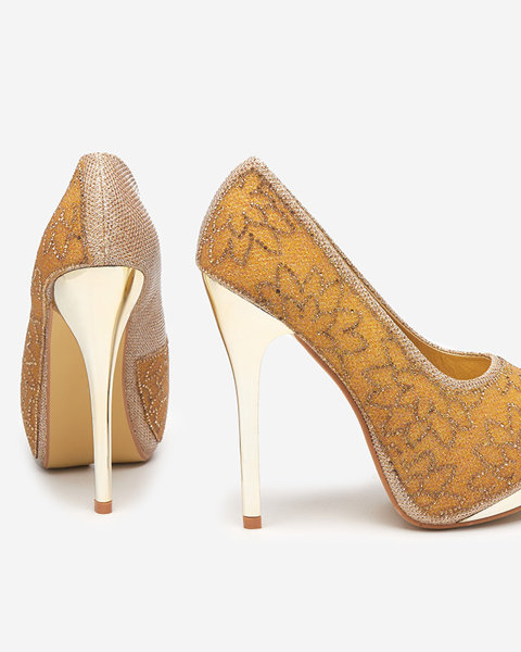 Gold women's brocade pumps with cubic zirconia Vida - Footwear