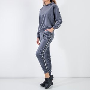 Gray women's tracksuit set with stripes with inscriptions - Clothing