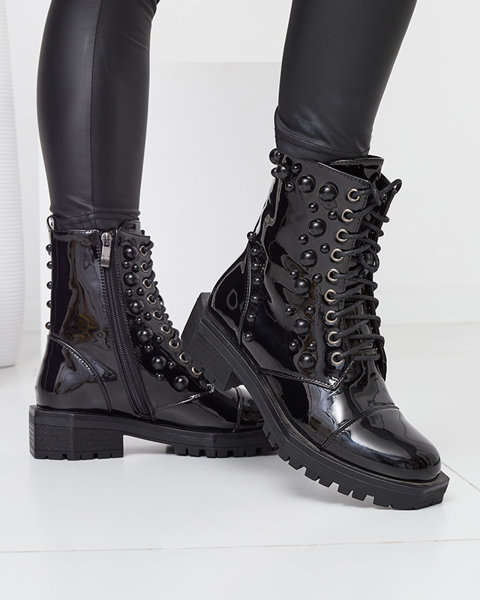 Lacquered black boots for women eco leather with pearls Wasso - Footwear