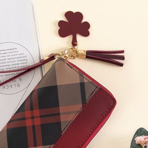 Large burgundy checkered women's wallet - Accessories