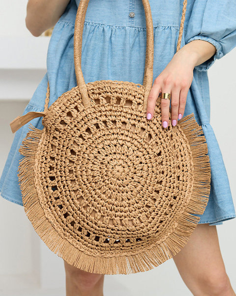 Light brown round straw tassel women's handbag - Accessories