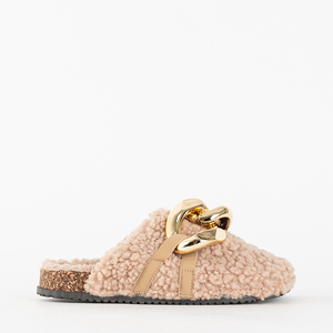 Light brown women's slippers with sheepskin and a chain Juka - Shoes