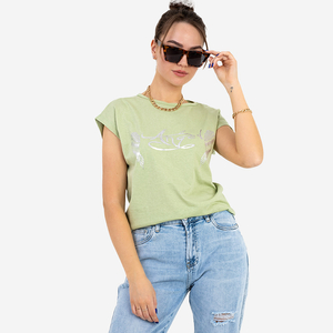 Light green women's t-shirt with gold print and inscription - Clothing