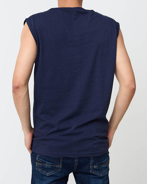 Men's navy sleeveless t-shirt with print - Clothing