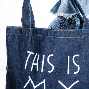 Navy blue women's fabric handbag with the inscription "This is my bag" - Handbags