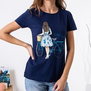 Navy blue women's printed cotton t-shirt - Clothing
