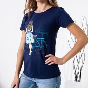 Navy blue women's printed cotton t-shirt - Clothing