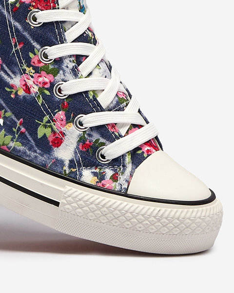 Navy blue women's sneakers on covered heel with floral print Kescevi- Footwear