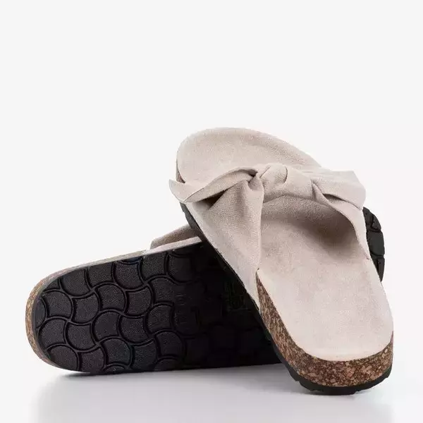 OUTLET Beige eco-suede slippers with a bow Sun and Fun - Footwear