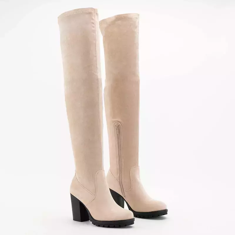 OUTLET Beige women's over-the-knee boots on a post Shevao - Footwear